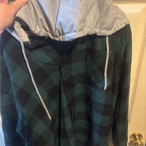 Green and Black Plaid Hoodie Shirt